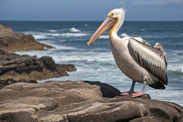 Pelican Perched on a Rocky Shoreline by the Sea