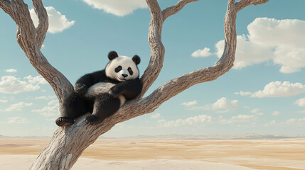 Obraz premium Lonely Panda on a Tree, A Metaphor for Solitude and Inner Strength