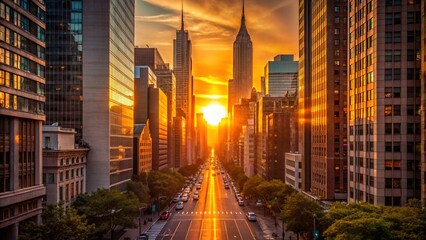 Fototapeta premium Manhattanhenge Sunset Over Manhattan Streets - Minimalist Photography