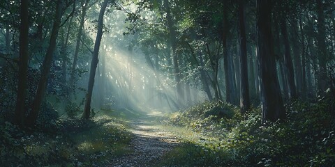 Obraz premium A foggy forest with tall trees and sunlight filtering through the leaves