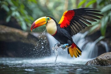 Obraz premium Toucan Flying Over a Tropical Waterfall
