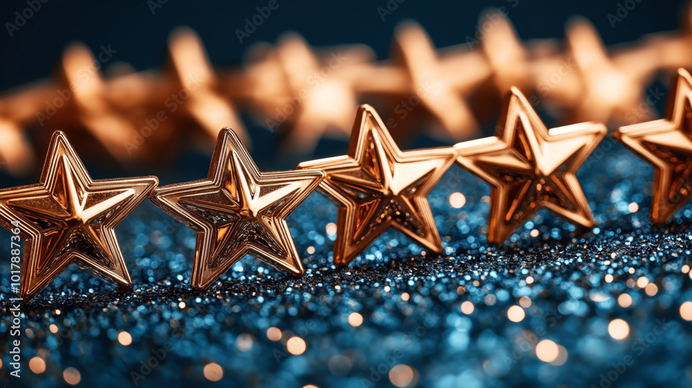 Poster Golden star-shaped decorations arranged in a row with a bokeh effect background and glittery surface, creating a festive and celebratory atmosphere.