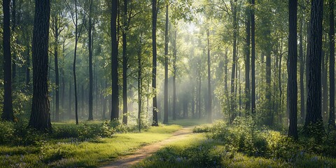 Obraz premium A foggy forest with tall trees and sunlight filtering through the leaves