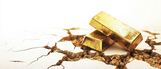 Gold bars sinking into cracked ground, symbolizing economic collapse and inflation, gold crisis concept