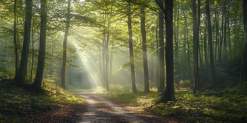 A foggy forest with tall trees and sunlight filtering through the leaves