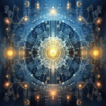 A captivating abstract design featuring luminous spheres and intricate patterns in rich blue and gold tones, perfect for digital art projects, technology themes