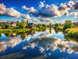 Obraz premium Scenic Tranquil Landscape of Blue Waters in Countryside Village â€“ Calm Summer Views