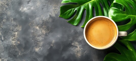 Cup of Coffee with Tropical Monstera Leaves on Dark Background, Top View with Copy Space