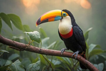 Obraz premium Toucan in a Misty Jungle at Dawn