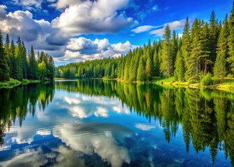 Fototapeta premium Serene Lake Landscape with Pine Forest Reflection - Nature's Tranquility for Local Tourism and Relaxation