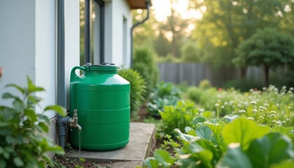 A green rainwater tank set in a lush garden beside a house, emphasizing sustainable living and water conservation. The image highlights eco-friendly practices and nature.