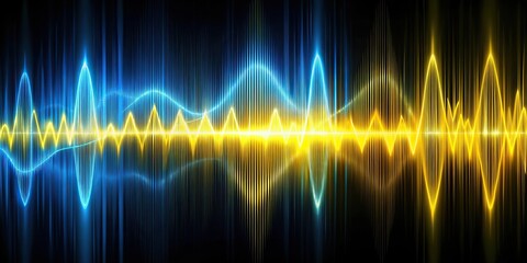 Abstract background with distorted sound waves in electric yellow and blue colors with tilted angle