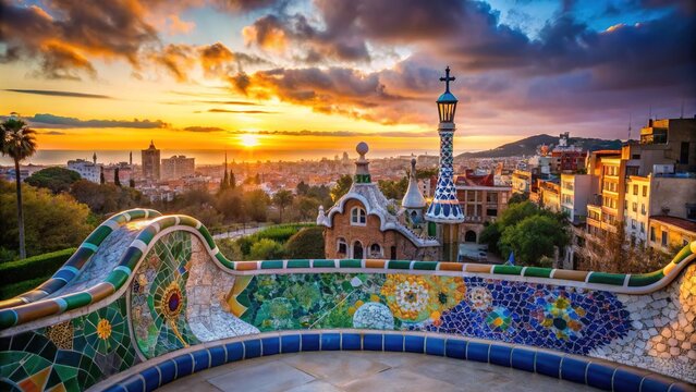 Silhouette of Park Guell's Iconic Mosaics and Benches at Sunset in Barcelona