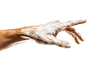 Fototapeta premium A lifelike hand reaching for an object, detailed skin and lines, high-resolution close-up, isolated on white background