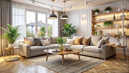 Fototapeta premium Stylish Living Room Mockup with Corner Sofa in Light Colors for Modern Home Design Inspiration