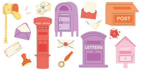 Flat vector illustration, craft envelopes, postcards. Postal stationery. Various retro mailboxes. Delivery, message, communication concept. Set of isolated vector illustrations.