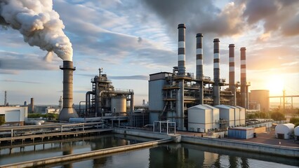Obraz premium Industrial Power Plant at Sunset with Smoke Stack Emissions