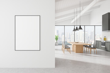 Home kitchen interior with dining table and cabinet, window. Mock up poster