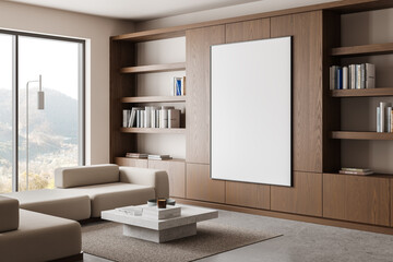 Home living room interior with couch and shelf, window and mockup frame