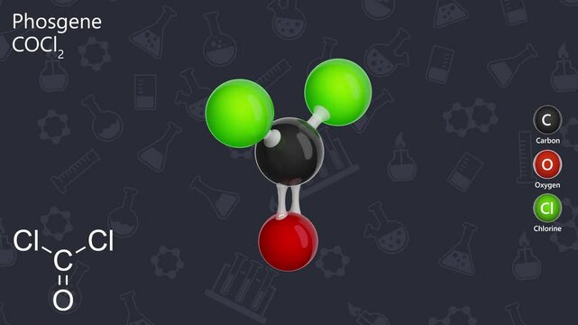 Molecule of Phosgene (COCl2) is a highly toxic gas with a musty odor. It is used in the production of isocyanates and polycarbonate plastics. Chemical model: Ball and Stick. Dark background. 3D render