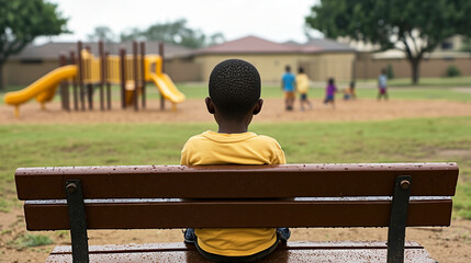 Lonely boy sitting on bench watching other children play