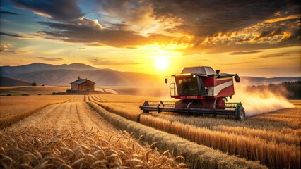 Fototapeta premium Vintage Agriculture Scene with Combine Harvester in Golden Fields