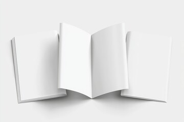 Three blank brochures with different folding angles, smooth white surface, simple and professional, perfect for showcasing custom design work
