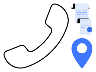 Obraz premium Large black outlined telephone receiver, blue location marker with white center, two blue receipts with check mark. Ideal for communication, navigation, task management, customer service