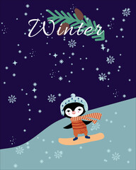 Winter card with penguin snowboarding