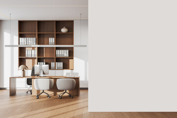 Fototapeta premium Luxury office interior with ceo desk with pc and shelf. Mockup wall