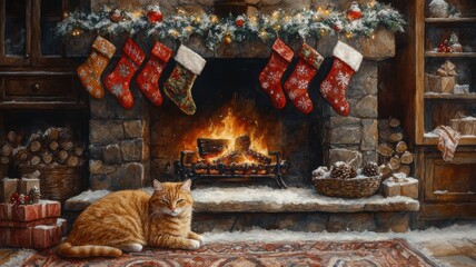 Obraz premium Christmas fireplaces and red stockings and a orange cat