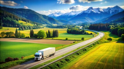 White Truck on Asphalt Road in Rural Landscape with Green Fields and Wooded Mountains