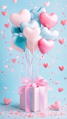 Open gift box full of decorative festive object with Heart balloons and ribbons,Valentine's Day,Holiday banner,web poster, flyer, stylish brochure, greeting card,sale online,Romantic background.