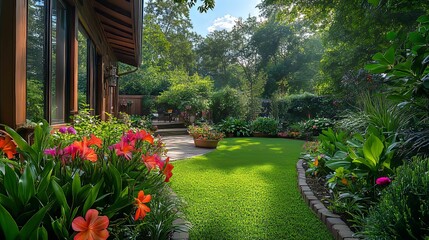 Lush Backyard Oasis with Orange and Pink Flowers