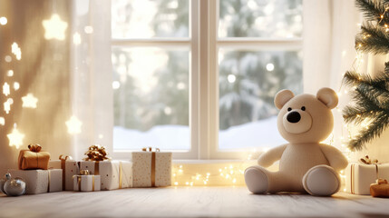 cozy nursery scene featuring teddy bear beside beautifully wrapped gifts and decorated Christmas tree, illuminated by soft lights. warm atmosphere evokes sense of joy and holiday spirit