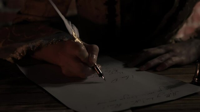 Antique young woman in renaissance dress sitting writing letter with vintage quill pen with ink on old parchment papers sheet in darkness, close up shot.