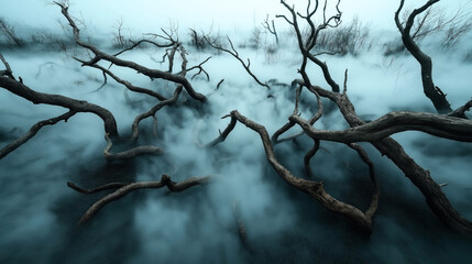 Mysterious foggy landscape with numerous bare, twisted tree branches emerging from dense mist, creating an eerie, surreal environment.