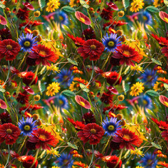 Colorful floral pattern with vibrant flowers, artistic design, bright colors, copy space