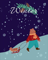 Winter card with bear and sled