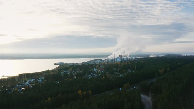 Drone Footage of Large Factory Producing Smoke and Pollution in Pite&aring;, Sweden