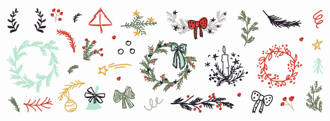 set of hand drawn ornamental winter christmas elements: christmas wreaths, candle, tree, branches, bows, bell, decorations. Doodle childish elements. collection of vector Christmas festive clip arts.