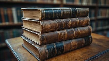 A stack of old, leather-bound books on a wooden table.