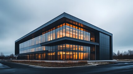 Fototapeta premium A striking display of modern architecture featuring a glass-fronted building illuminated by warm interior lights, set against a cloudy evening sky backdrop.