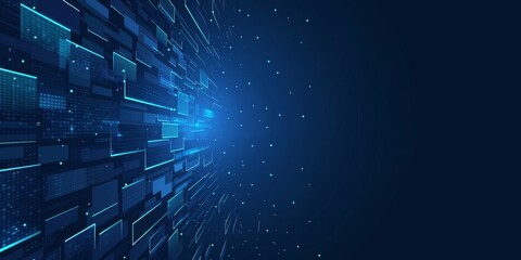 Abstract blue technology geometric pattern on dark blue background. Perspective lines graphic design. Modern futuristic geometric shapes moving with copy space for text. , Generative AI