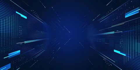 Abstract blue technology geometric pattern on dark blue background. Perspective lines graphic design. Modern futuristic geometric shapes moving with copy space for text. , Generative AI