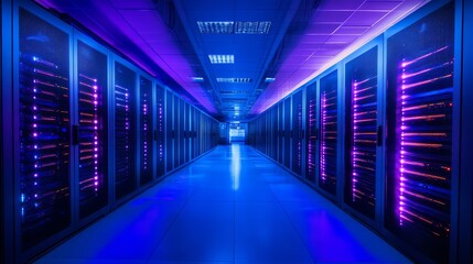 A modern server room bathed in blue light, with rows of servers illuminated by vibrant neon, creating a high-tech and advanced technological atmosphere.
