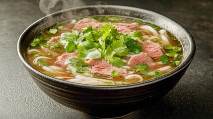 A mouth-watering bowl of pho featuring slices of beef, fresh herbs, and noodles, emitting steamy warmth and inviting aromas, ideal for culinary enjoyment.