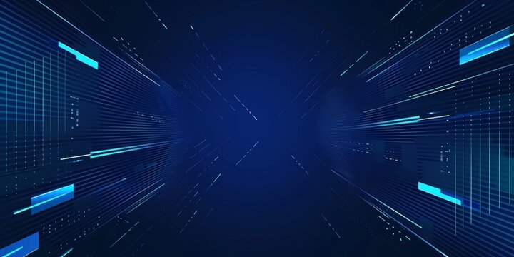 Abstract blue technology geometric pattern on dark blue background. Perspective lines graphic design. Modern futuristic geometric shapes moving with copy space for text. , Generative AI
