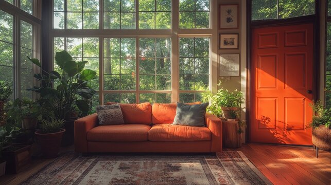 A sunlit living room featuring an orange sofa, surrounded by large windows offering a lush green view, creating a warm and inviting interior space.