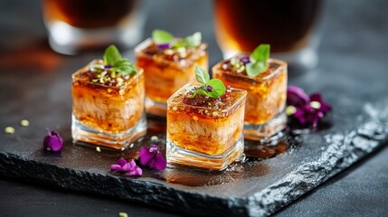 Elegant gourmet appetizer mini bites served creatively on a dark slate, garnished with fresh herbs and vibrant flowers, offering a touch of culinary sophistication.